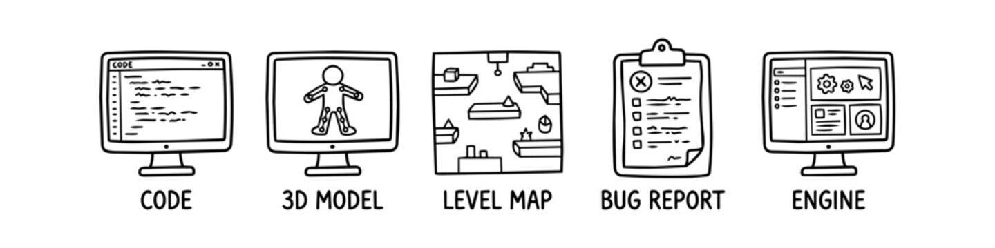 A set of hand-drawn doodle icons illustrating the game development process, featuring code, 3D modeling, level design, bug reporting, and game engine interfaces on monitors.