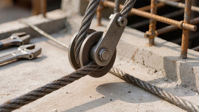 Close-up of steel wire rope running through pulley at industrial construction site, background with rebar and tools, engineering, lifting system, and heavy industry concept