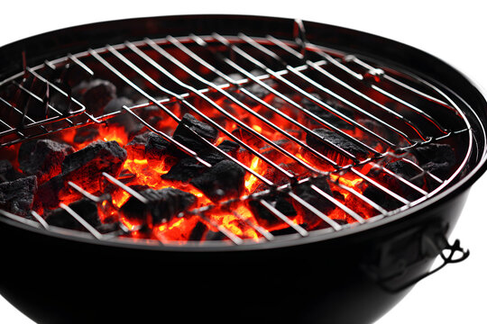Burning charcoal grill with glowing embers isolated on transparent background
