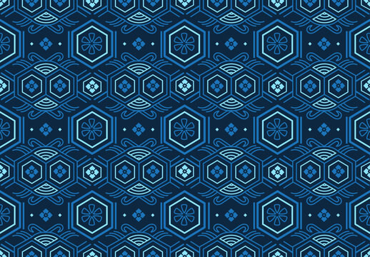 Blue Japanese Traditional Hexagon Seamless Pattern with Floral and Wave Elements.ai