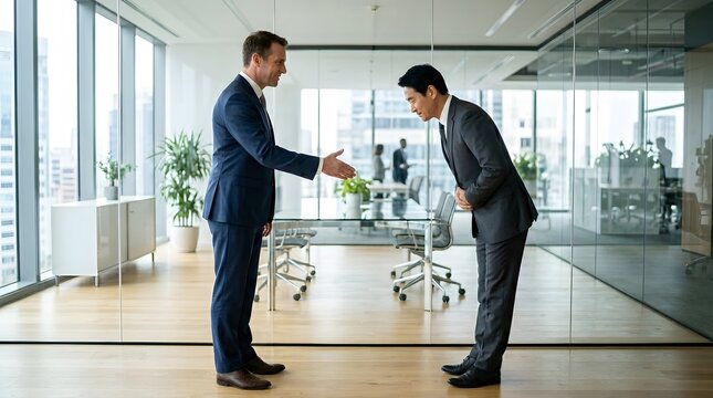 Western businessman offering handshake and Japanese businessman bowing in modern office
