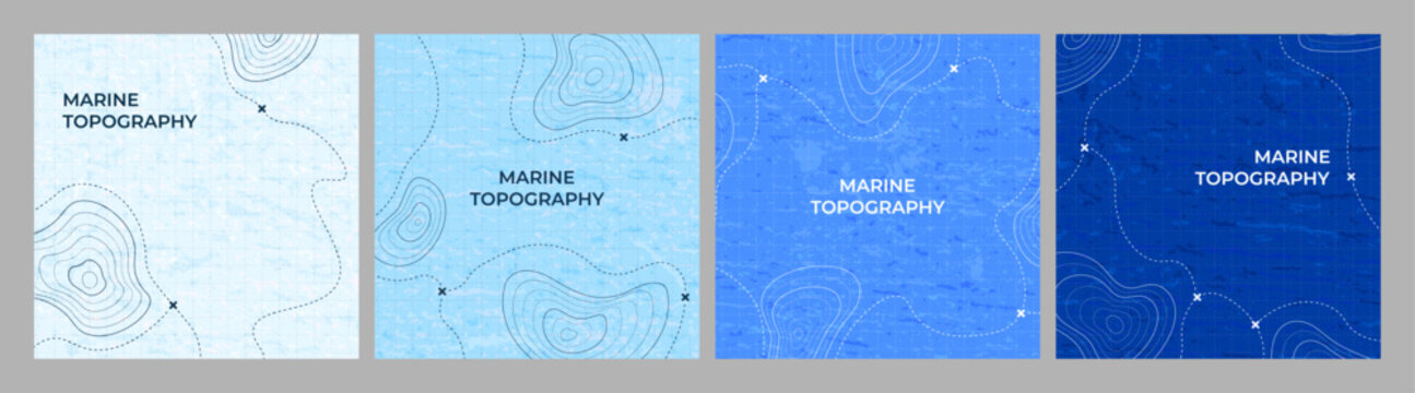 Vector illustration. Set blue marine topography backgrounds with contour lines and grid overlays. Minimalist ocean terrain patterns for modern designs, web banners, social media posts, advertising