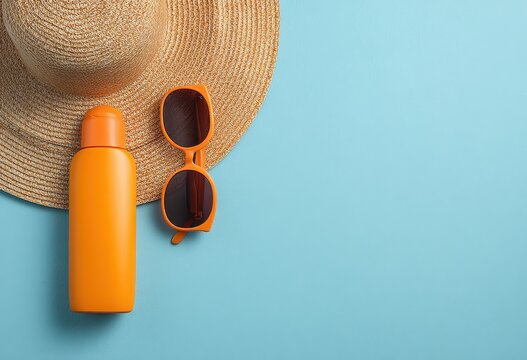 Top View Of A Straw Sun Hat With A Textured Band Next To Orange Sunglasses And A Sunscreen Bottle Placed On A Textured Light Blue Surface With Soft Natural Lighting Creating A Relaxed Summer
