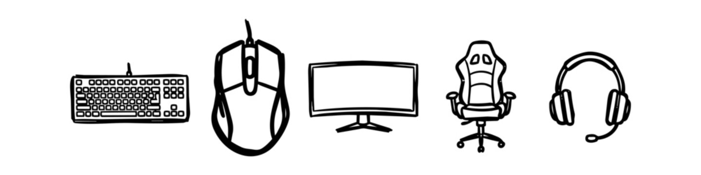 Set of hand-drawn gaming peripherals icons including a keyboard, mouse, monitor, gaming chair, and headset. Minimalist black line art isolated on a white background for e-sports design.
