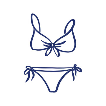 Hand-drawn minimalist doodle of a stylish two-piece bikini swimsuit. Simple blue line art sketch featuring bows on the bra and side ties on the bottoms, representing summer fashion, beach vacations, a