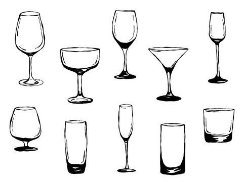 Set of different glasses and goblets line art, black outline drinkware collection, wine cocktail glasses vector illustration