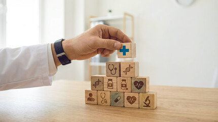 Fototapeta premium Doctors hand placing a wooden block with a blue medical cross on top of a pyramid of healthcare icons