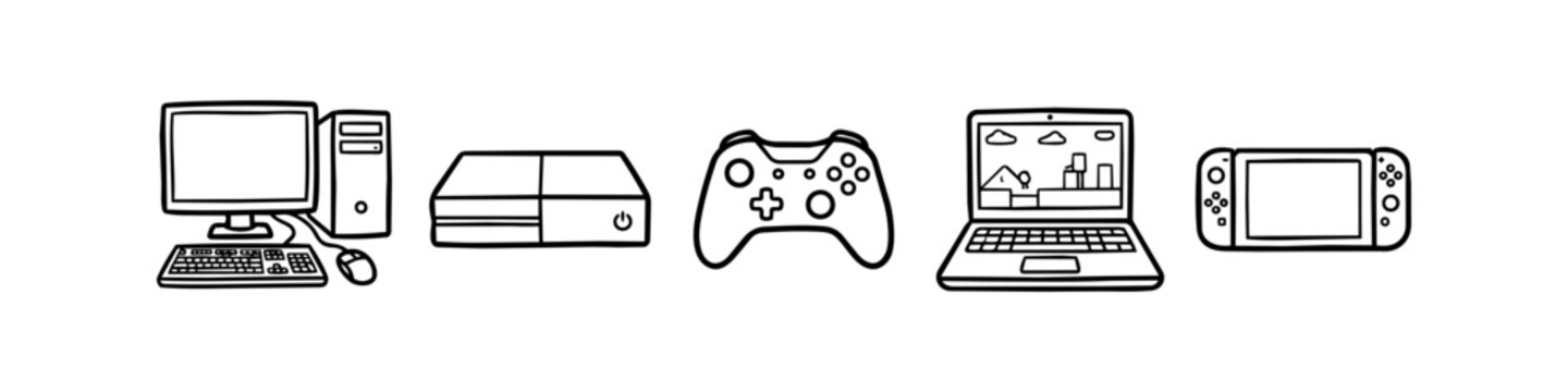 Hand-drawn doodle set of gaming hardware and computers, including desktop PC, console, controller, laptop, and handheld device. Minimalist black line art icons isolated on white background.