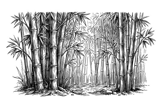 Vintage engraved bamboo forest illustration hand drawn black and white line art oriental nature scene detailed vector style