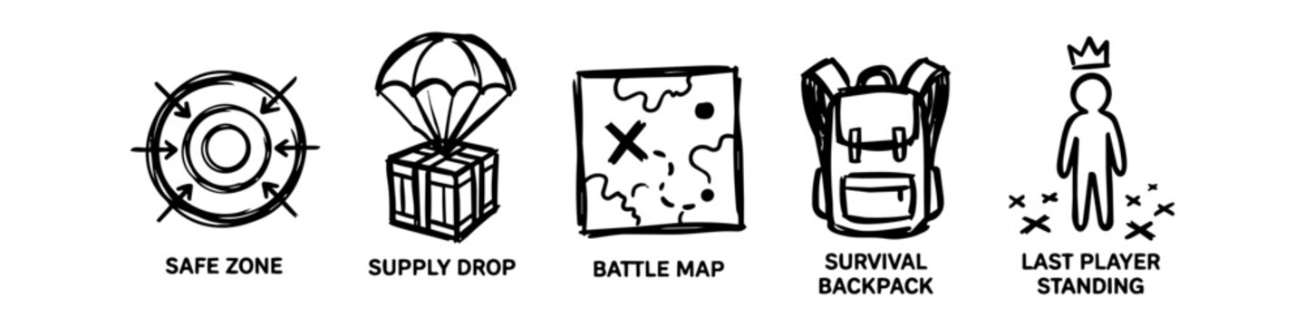Hand-drawn battle royale gaming icons set featuring safe zone, supply drop crate, battle map, survival backpack, and last player standing winner. Minimalist black and white doodle style.