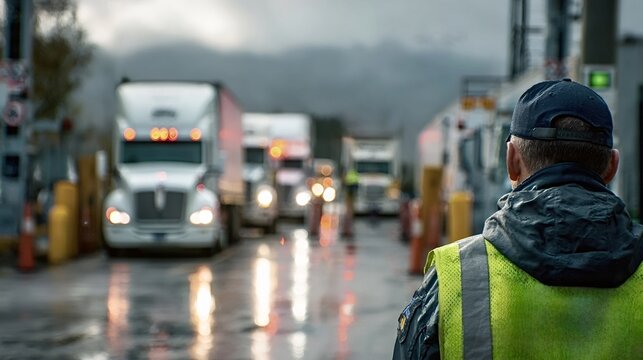 Customs officer wearing a high visibility vest and looking at a line of commercial semi trucks waiting for inspection at an international border, emphasizing global trade, security, and logistics
