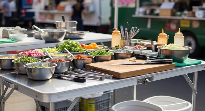 Food truck prep station with fresh ingredients and cooking utensils ready for service