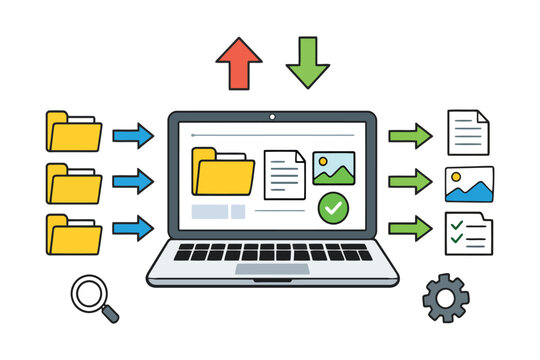 An illustration showing a laptop transferring digital data files with incoming and outgoing arrows