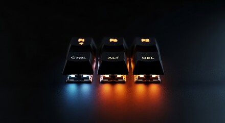 Obraz premium Illuminated CTRL ALT DEL Keyboard Keys on Dark Reflective Surface.