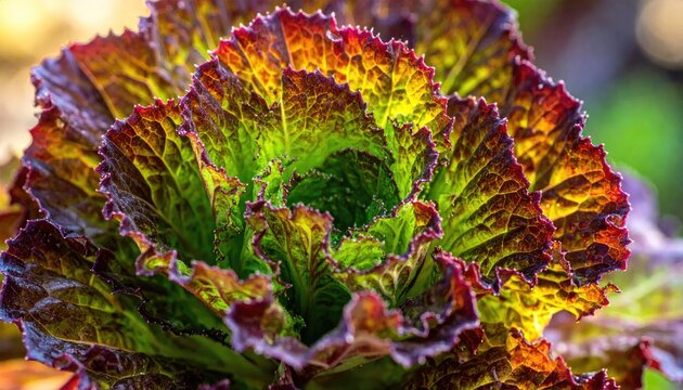 Close-up of vibrant lettuce leaves with colorful edges in sunlight