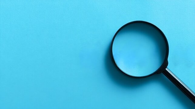 Magnifying glass on a textured turquoise surface implying concepts of searching, investigating, analyzing, and discovering information or details with an empty copy space for text