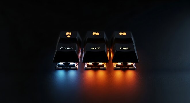 Illuminated CTRL ALT DEL Keyboard Keys on Dark Reflective Surface.