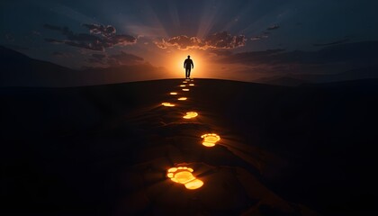 Naklejka premium A man walks towards a bright sunset with a path of glowing footprints leading the way