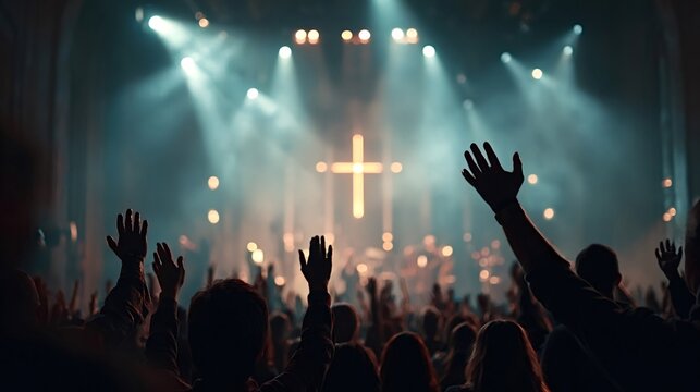 Congregation members raise their hands in adoration and worship during a spiritual concert or religious gathering, bathed in atmospheric light with a glowing cross visible on stage