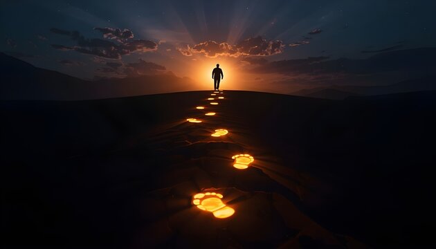 A man walks towards a bright sunset with a path of glowing footprints leading the way