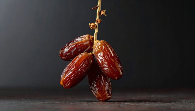 Close-up of ripe Medjool dates on a branch against dark background