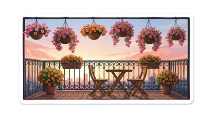 Obraz premium Cozy balcony with hanging flower baskets at sunset