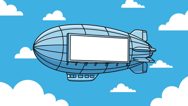 Large blue airship blimp flying through white clouds with a big empty white billboard for displaying custom advertising messages.