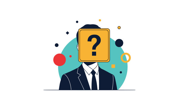 Anonymous businessman in a dark suit with a yellow question mark sign instead of a head representing mystery uncertainty or identity.
