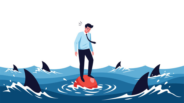 Stressed businessman standing on a red buoy in the middle of a dark blue ocean surrounded by circling sharks representing danger.