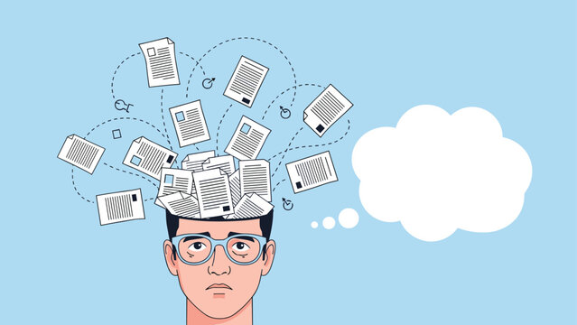 Overwhelmed man with a head full of flying documents and paperwork standing next to a blank white thought bubble.