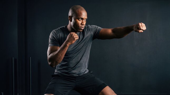A young African man practices boxing in a gym. He wears a gray t-shirt and black shorts, demonstrating a fighting stance with a focused expression.