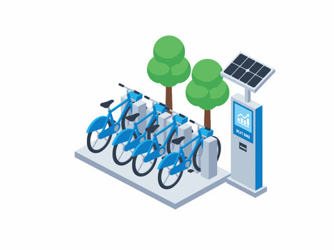 Blue rental bicycles docked at solar powered kiosk station