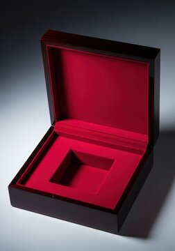 An elegant, luxurious open box lined with soft, plush deep crimson velvet fabric, perfect for high-end product presentation, smooth, velvet, box