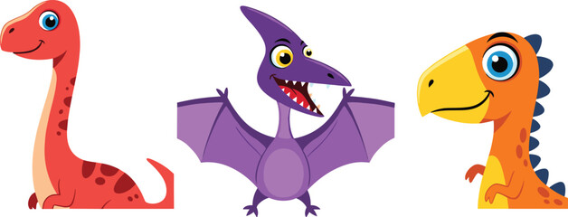 Cute Cartoon Dinosaur and Pterodactyl Character Set with Colorful Prehistoric Creatures for Kids Animation Mascot Design Collection © MdMonirul