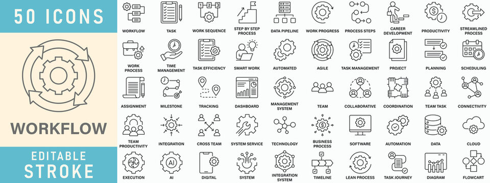 Workflow line icon collection, Editable stroke. Vector illustration.
