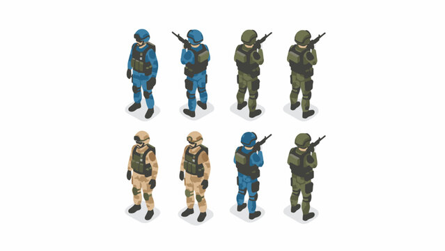 Isometric military soldiers set in tactical camouflage uniforms
