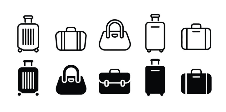 Luggage icon set suitcase handbag trolley briefcase travel bag solid black silhouette tourism design