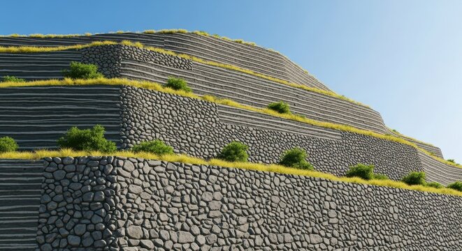 Massive earthen retaining structure stabilized with rough layers of rock, demonstrating geotechnical engineering and erosion control methods, solid, built, engineering