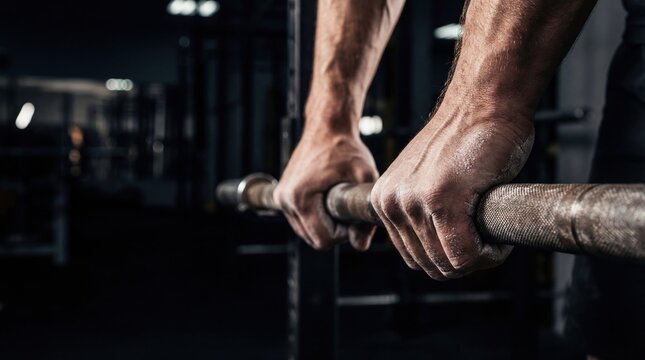 Close-up of muscular hands gripping a barbell in a gym setting. The focus is on strength training and fitness activities.