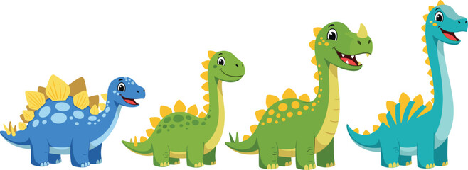 Cute Cartoon Long Neck Dinosaur Character Set with Colorful Brontosaurus and Diplodocus in Different Sizes for Kids Animation Design © MdMonirul