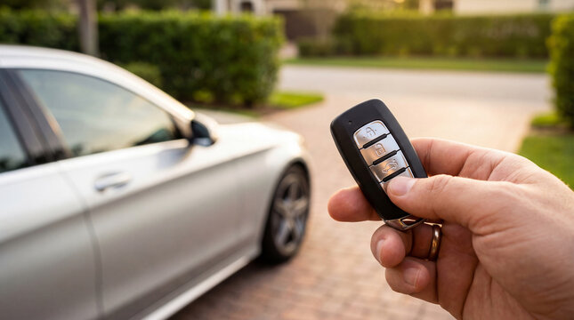 Man hand holding remote car key fob to unlock vehicle. Electronic system for automotive security. Modern transport technology, convenient access control and driver action near driveway.