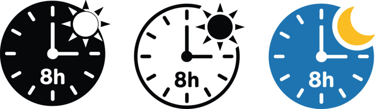 Eight hour time clock icon set with sun and moon symbols representing day night shifts and work duration cycles