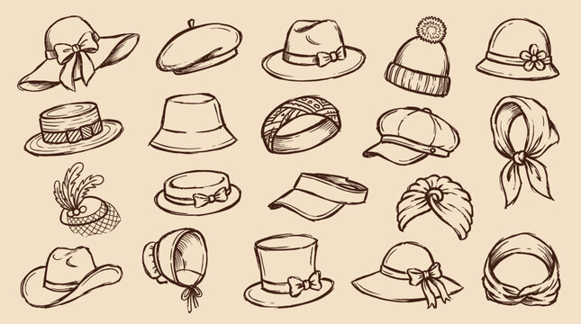 Collection of vintage and retro hats for women, hand-drawn sketch style, fashion accessories, diverse headwear designs on beige background
