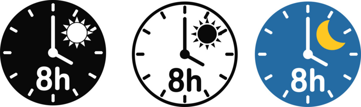 Eight hour time clock icon set with sun and moon symbols representing day night shifts and work duration cycles,