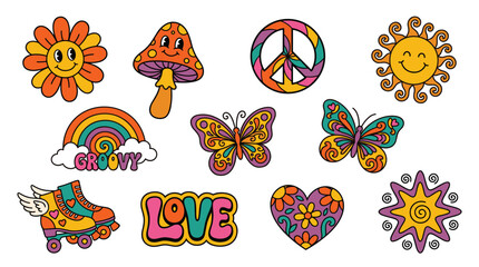 Fototapeta premium Retro groovy 70s style graphic elements with butterflies, flowers, mushrooms, rainbows, roller skates, peace sign, sun, heart, and love text