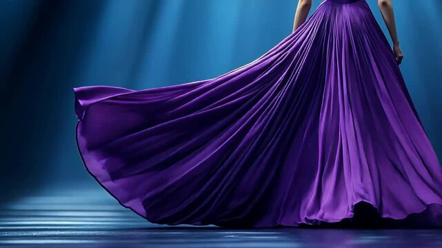 Woman in long purple pleated dress walking on fashion runway. Model showcasing elegant evening gown during catwalk show. Luxury apparel and style performance.