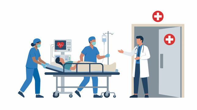 Healthcare professionals swiftly transport a patient on a gurney through a hospital corridor for urgent medical care, demonstrating dedicated teamwork in a critical environment