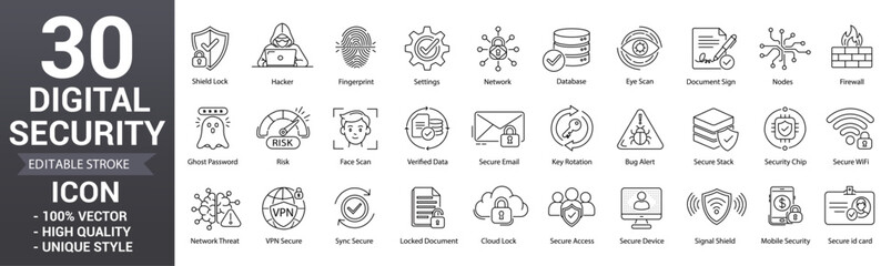 Obraz premium Digital security line icons. Editable stroke icons featuring privacy, network safety, protection, cloud, fingerprint, firewall and more. Unique style vector illustration.
