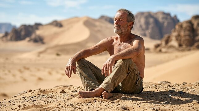 Man meditating in the desert at sunrise