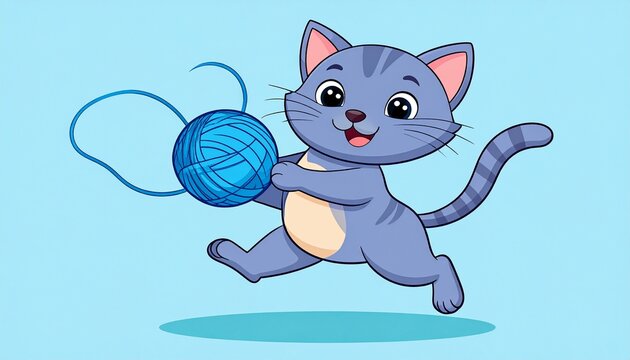 Playful Kitten's Yarn Adventure: A cute kitten, full of energy and curiosity, gleefully clutches a ball of yarn, ready for a playful escapade on a bright background.